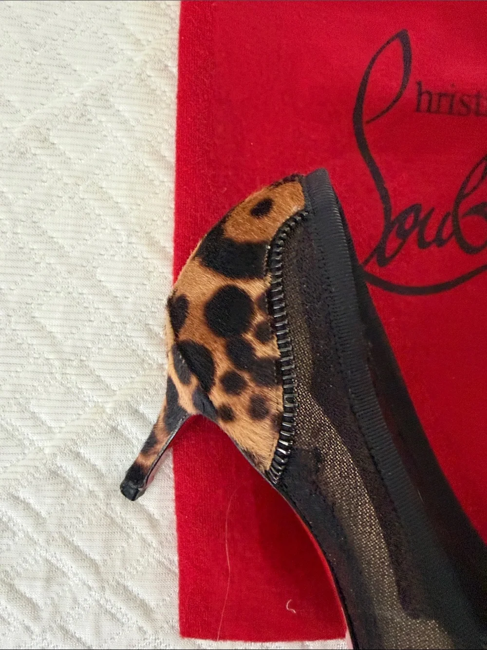 Christian Louboutin Black Mesh Heels with Leopard-Print Pointed Toe - Picture 8 of 12
